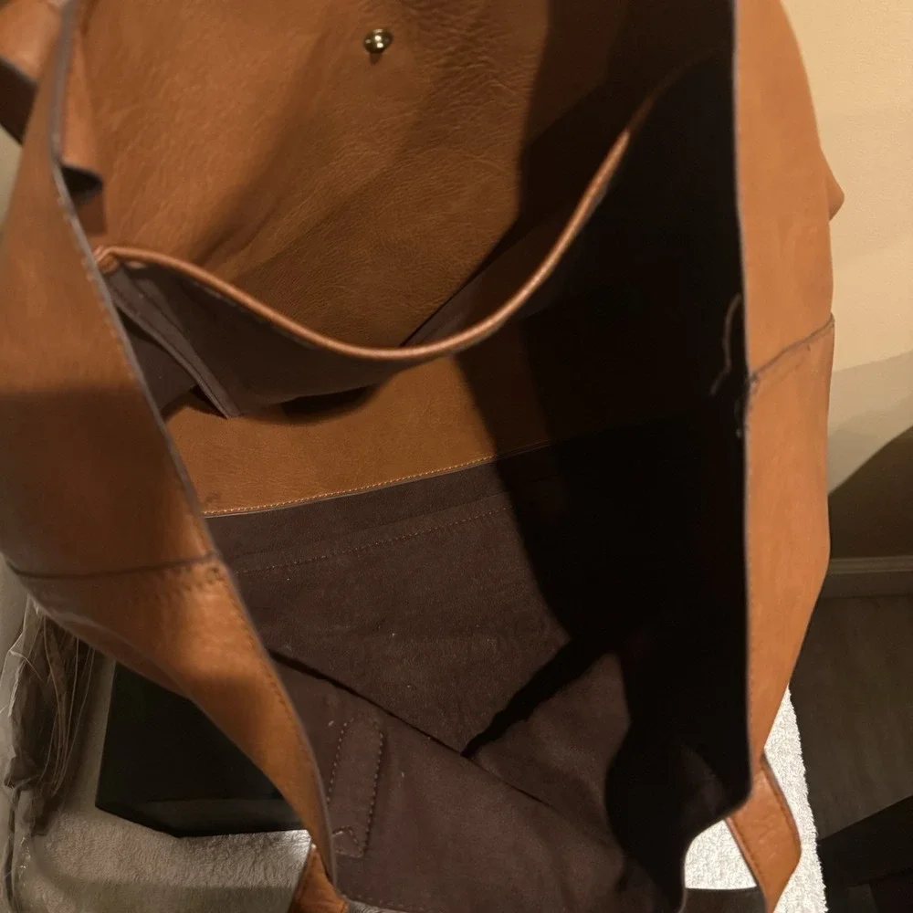 Overbrooke Brown Large Leather Tote Charm Stitching Accent Inner Pocket Tassel